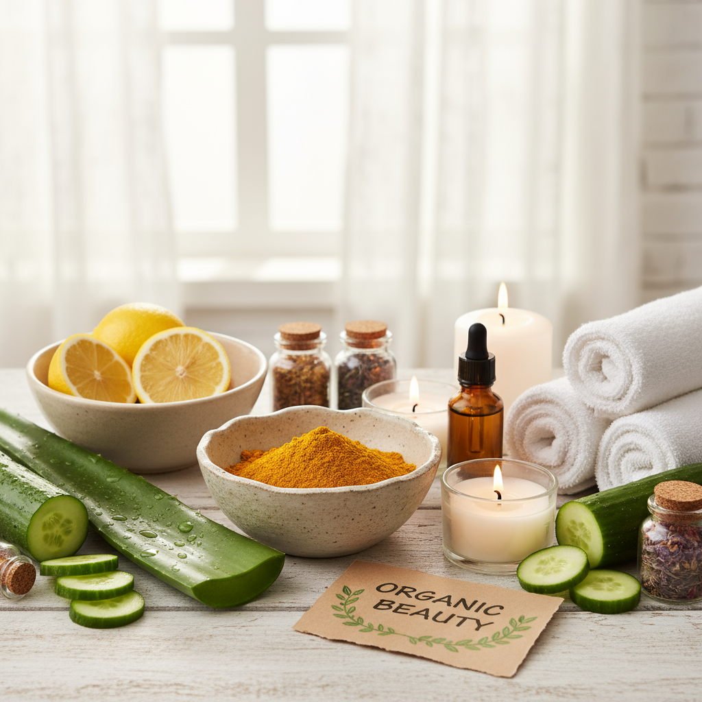 Spa-inspired organic beauty setup with natural skincare ingredients like turmeric, lemons, aloe vera, and fresh cucumbers on a light background